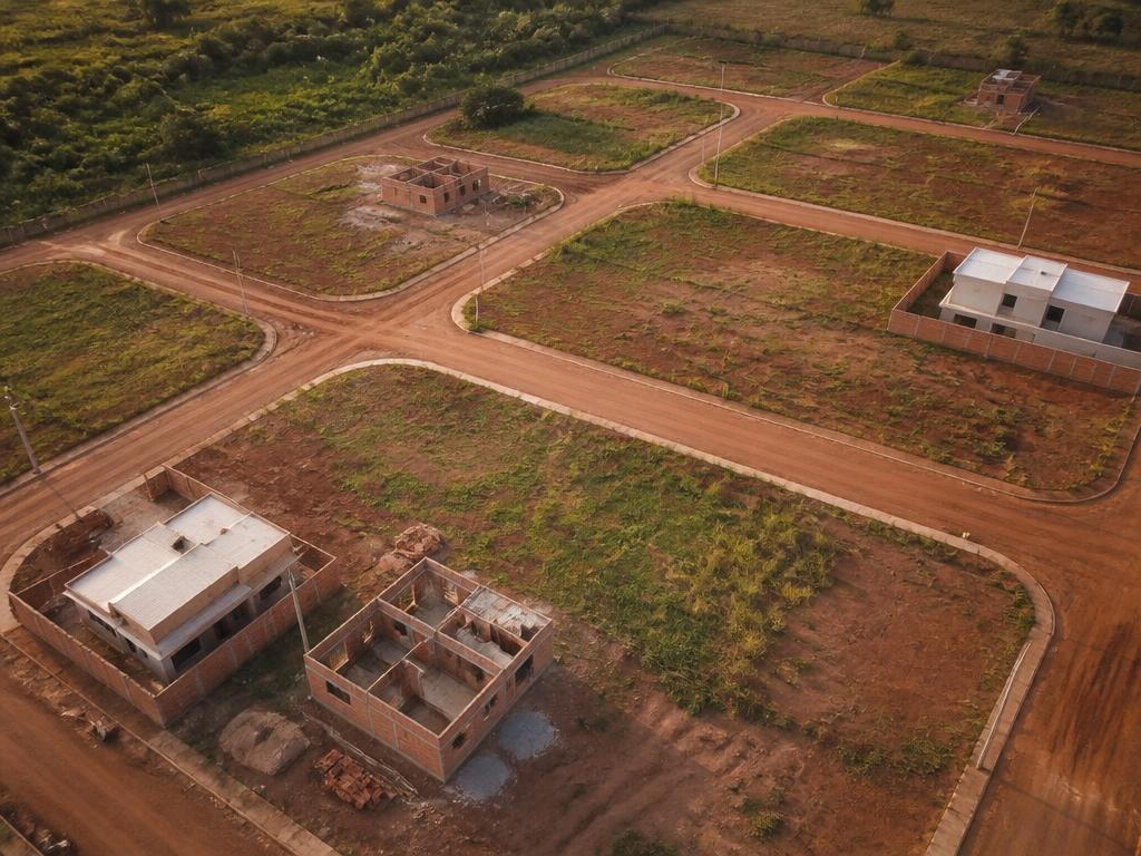 Loteamento visto de cima com quadras e ruas demarcadas